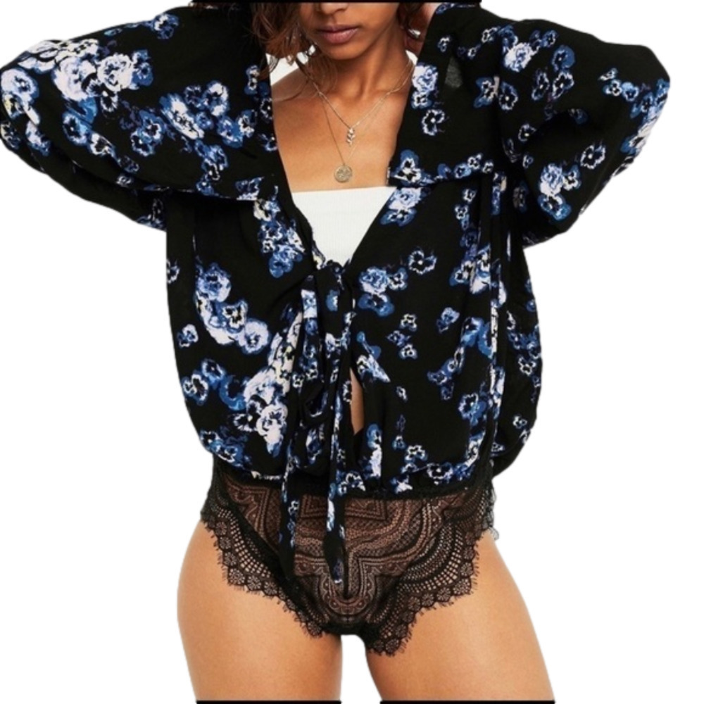 Free People Black and Blue Floral Bodysuit
